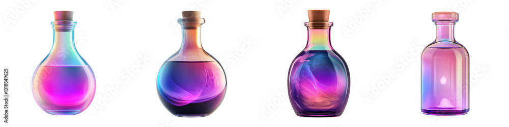 Mesmerizing and mystical glass potion bottles glowing with ethereal luminescence vibrant hues and prismatic iridescence These enchanted elixirs exude a sense of magic sorcery Mesmerizing and mystical glass potion bottles glowing with ethereal luminescence vibrant hues and prismatic iridescence These enchanted elixirs exude a sense of magic sorcery