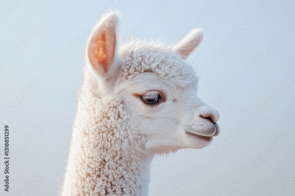Fototapeta premium Cute fluffy white alpaca with big eyes standing peacefully against a soft background