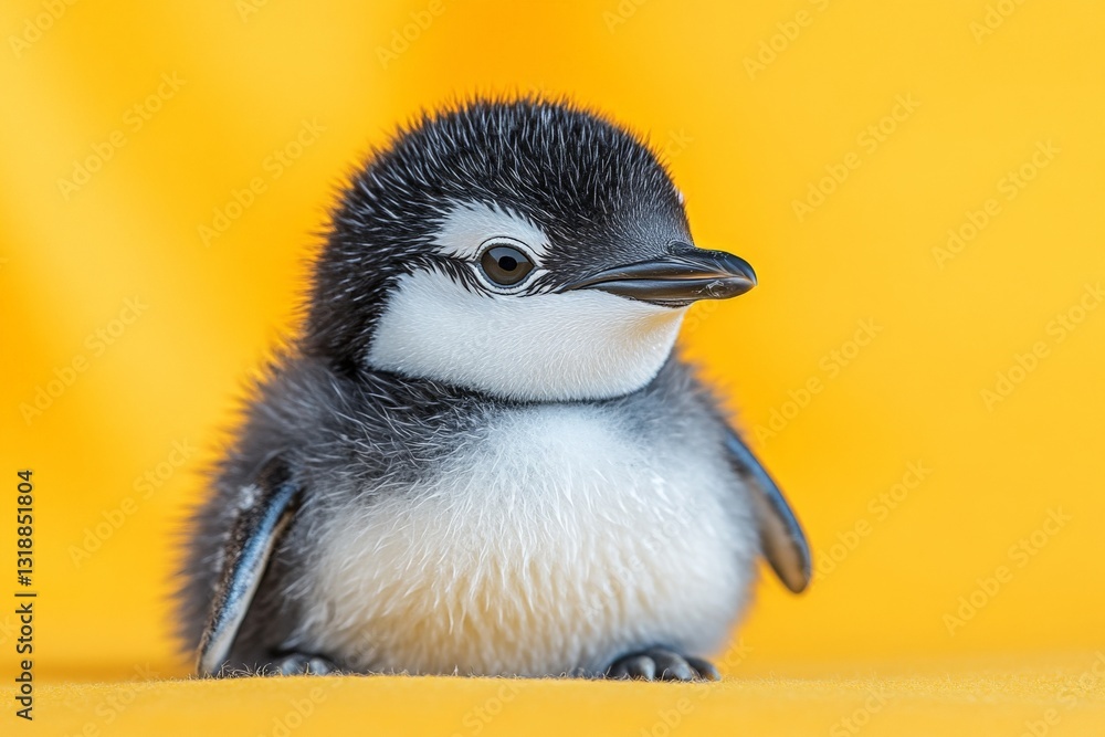 Naklejka premium Cute baby penguin standing against a bright yellow background, showcasing its fluffy feathers and curious expression