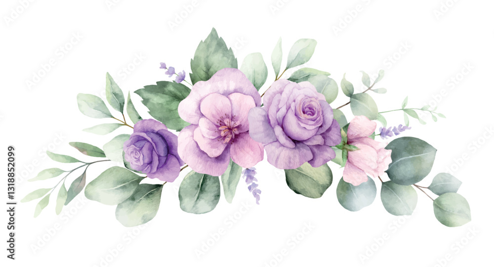 Fototapeta premium Watercolor vector wreath with green eucalyptus leaves and violet flowers. Greenery clipart for wedding invitation, greeting cards, save the date, stationery design. Hand drawn illustration.