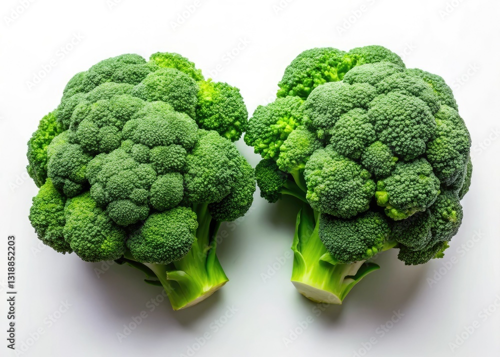 Two broccoli heads, vibrant green, stark white backdrop. Two broccoli heads, vibrant green, stark white backdrop.