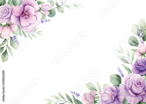 Watercolor vector corner border frame. Green eucalyptus leaves and purple flowers. Greenery clipart for wedding invitation, greeting cards, save the date, stationery design. Hand drawn illustration.