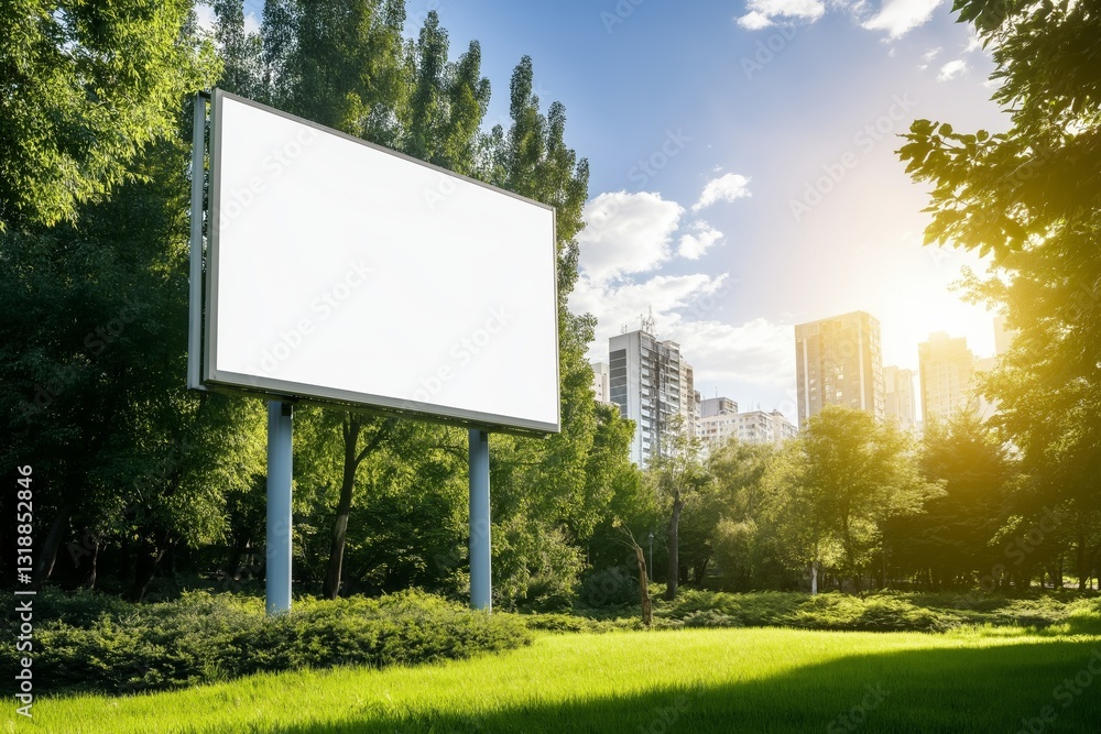 Mockup of a large horizontal billboard in a green park against the background of urban high-rise buildings.