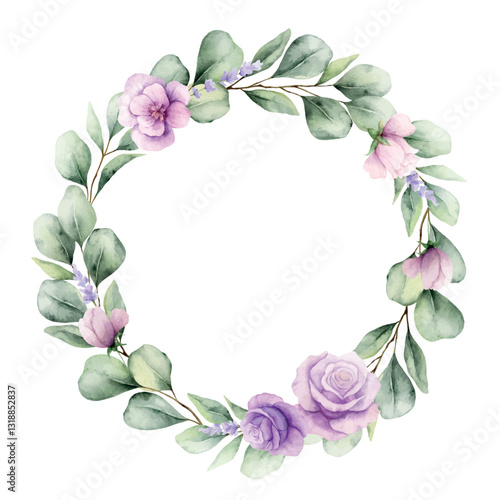 Watercolor vector round frame with green eucalyptus leaves and violet roses. Floral background. Perfect for wedding, greetings, wallpapers, fashion, fabric. Hand painted illustration.