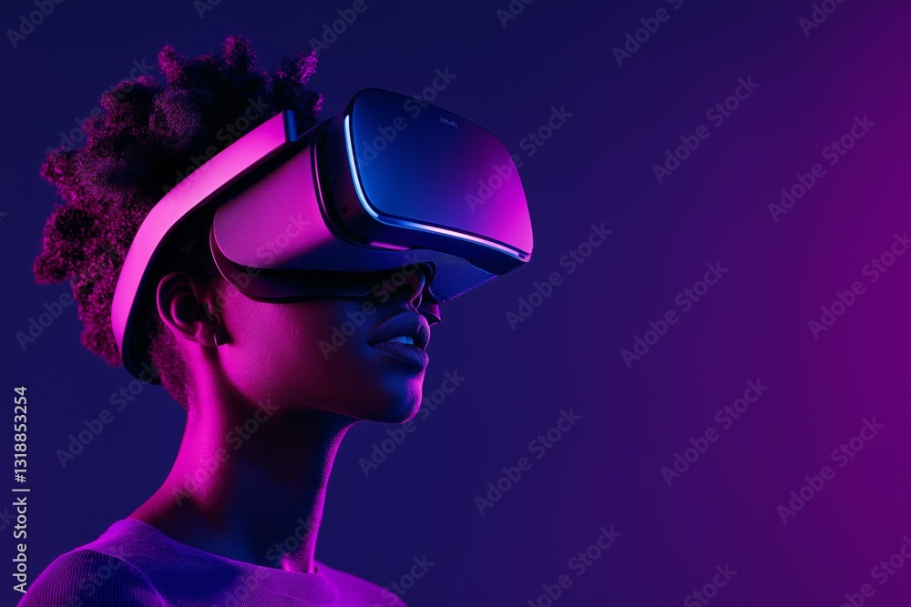 African-American woman wearing virtual reality glasses on purple gradient background side view with copy space.