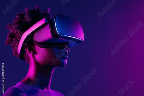 Obraz na płótnie African-American woman wearing virtual reality glasses on purple gradient background side view with copy space. w salonie