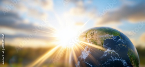 Earth globe against a sunrise with a blurred background; a business concept