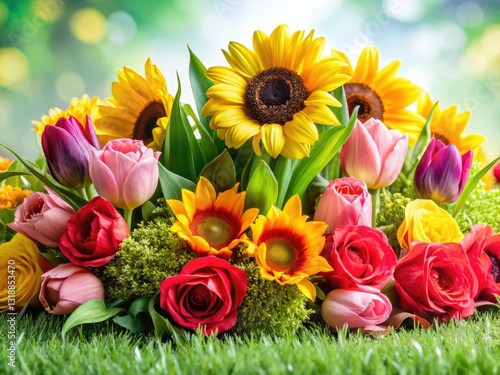Vibrant roses, tulips, and sunflowers burst forth, their stems entwined with grass and leaves, against a pristine white backdrop.