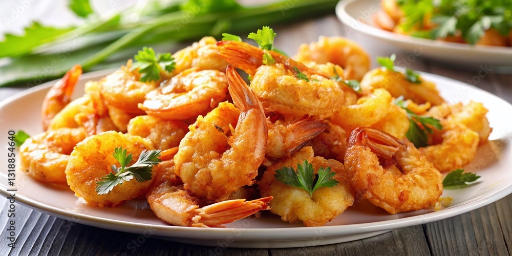 Aerial View of Crispy Fried Shrimp on White Plate - Delicious Seafood Aerial View of Crispy Fried Shrimp on White Plate - Delicious Seafood
