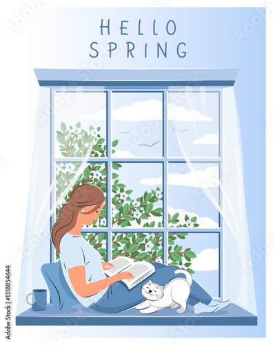 Woman reading book and sitting at the spring window. Layout design for bookstore, library, bookshop or education. Vector illustration