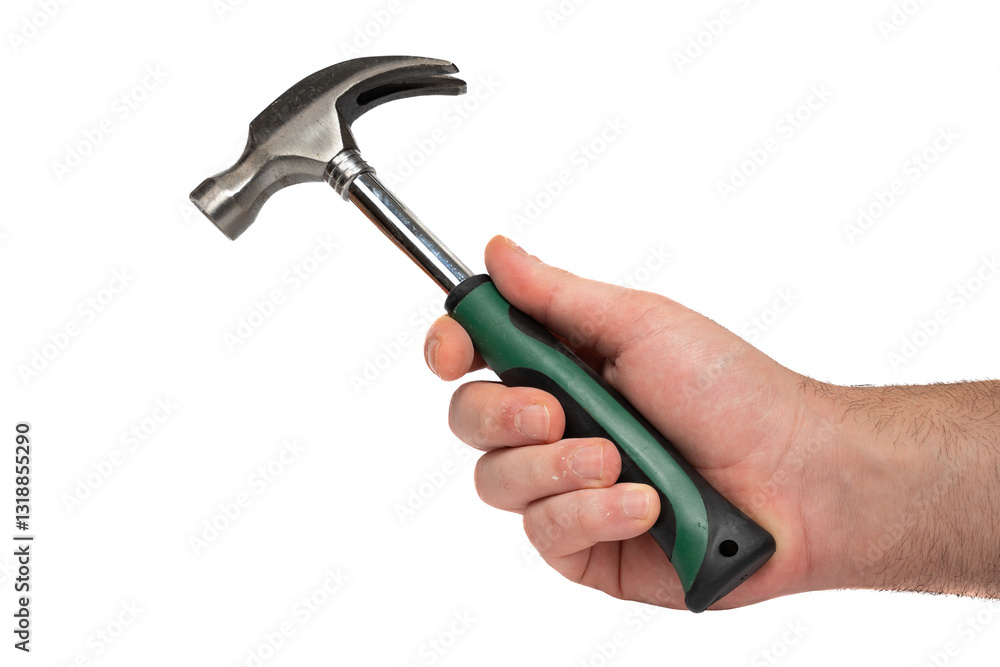 Hand holding metal hammer with green handle on isolated white background. Hammer gripped by hand, close up. Work, construction, and craftsmanship consept Hand holding metal hammer with green handle on isolated white background. Hammer gripped by hand, close up. Work, construction, and craftsmanship consept