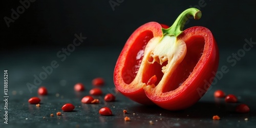 A vibrant half of a red bell pepper, showcasing its juicy interior and scattered seeds on a dark surface