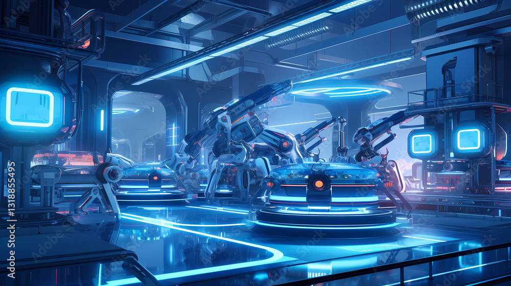 Obraz premium A futuristic robotics lab with glowing blue lights, showcasing advanced robotic arms working on sleek vehicles.