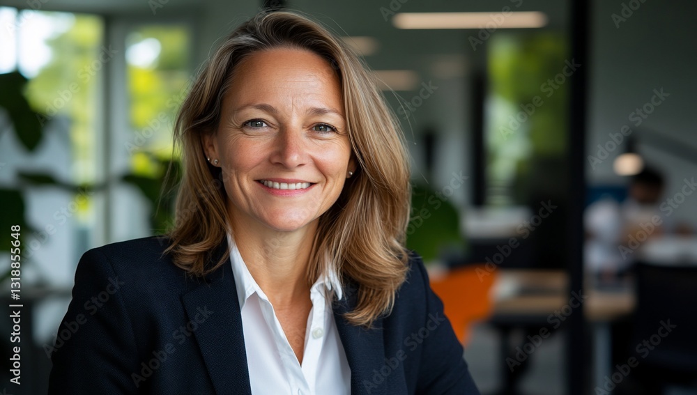 Smiling businesswoman portrait in modern office with colleagues blurred background Smiling businesswoman portrait in modern office with colleagues blurred background