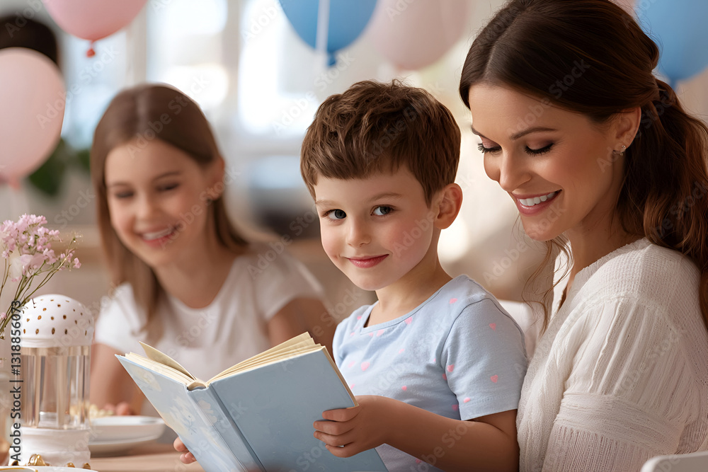 Caucasian family celebrating birthday with balloons and books in bright, warm setting Caucasian family celebrating birthday with balloons and books in bright, warm setting