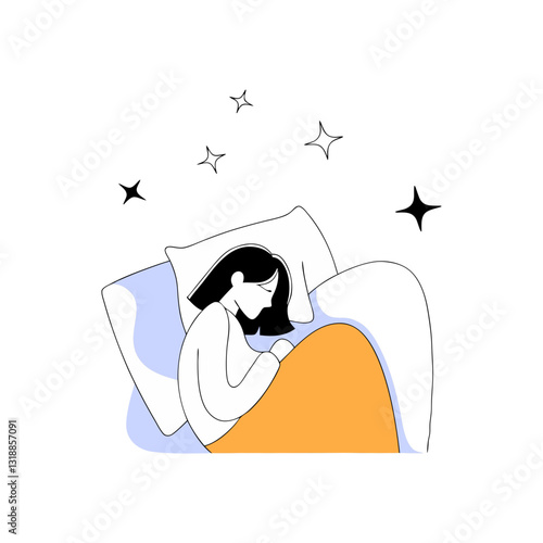 Minimalist vector illustration of a woman sleeping peacefully in bed under a warm blanket. Concept of rest, relaxation, bedtime, and self-care.