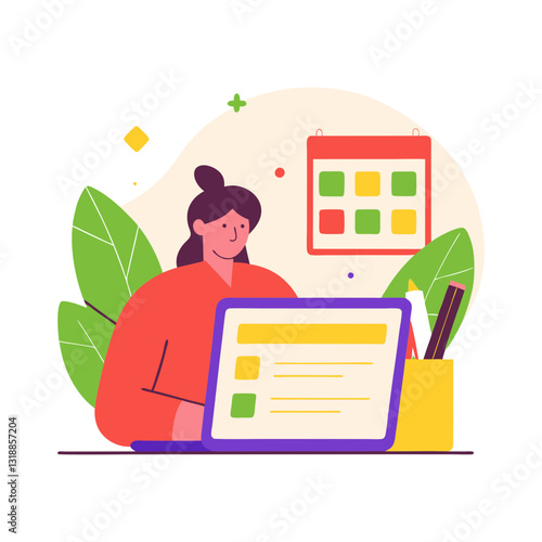 Vector stylized illustration of a woman working on a laptop with a calendar in the background. Modern, organized, and productive design.