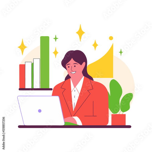 Vector stylized illustration of a businesswoman working on a laptop with growth charts in the background. Modern, professional, and productive design.