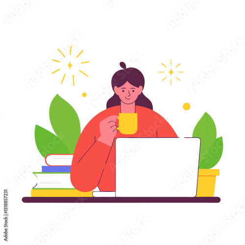 Vector stylized illustration of a woman working on a laptop while enjoying a cup of coffee or tea. Modern, productive, and relaxed design.