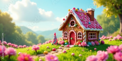 A whimsical gingerbread house nestled in a vibrant floral meadow, bathed in the warm glow of a sunny day, candy decorations adorn the roof and pathways.