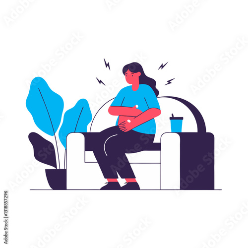 Vector stylized illustration of a woman sitting on a sofa, holding her stomach in pain. Modern, health-related, and expressive design.