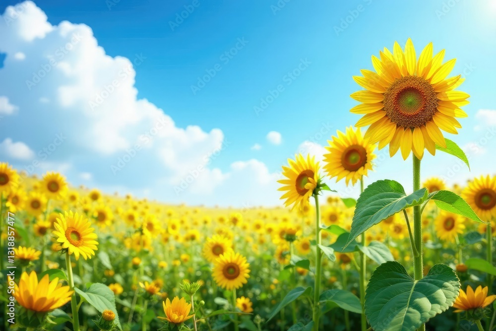 Sunflowers stretching towards the sky with a field of wildflowers, wildflowers, spring, landscape Sunflowers stretching towards the sky with a field of wildflowers, wildflowers, spring, landscape