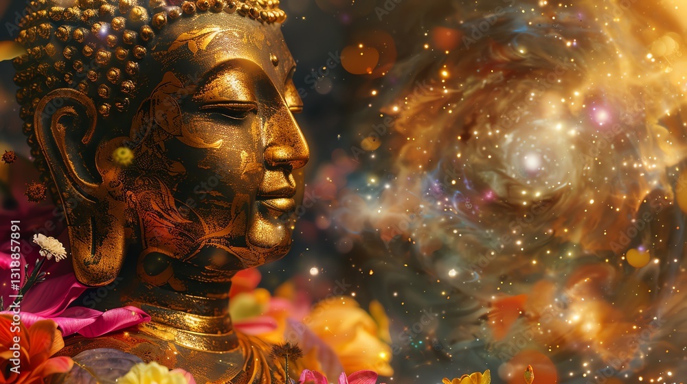 Obraz premium A golden Buddha statue with a serene expression, set against a swirling galaxy background.