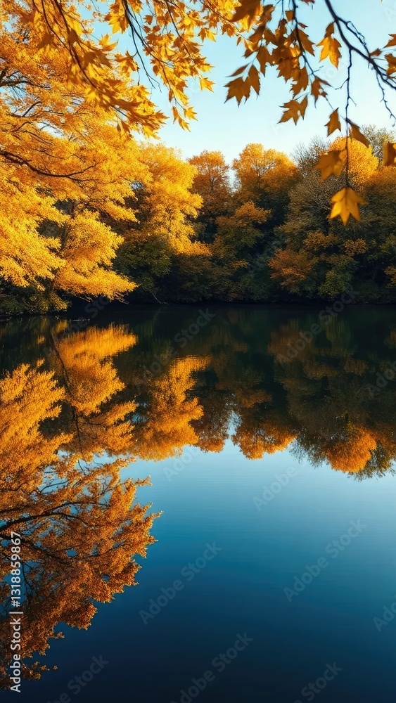Reflections of golden maple leaves in serene lake, fall colors, fall landscapes, autumn leaves Reflections of golden maple leaves in serene lake, fall colors, fall landscapes, autumn leaves