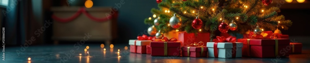 Presents surround a large Christmas tree with a warm glow, warm glow, colorful ornaments Presents surround a large Christmas tree with a warm glow, warm glow, colorful ornaments