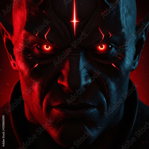 Generative AI Demon Face with Glowing Eyes demon face glowing eyes red dark horns fantasy creature devil monster evil menace power horror  - Transform your world.