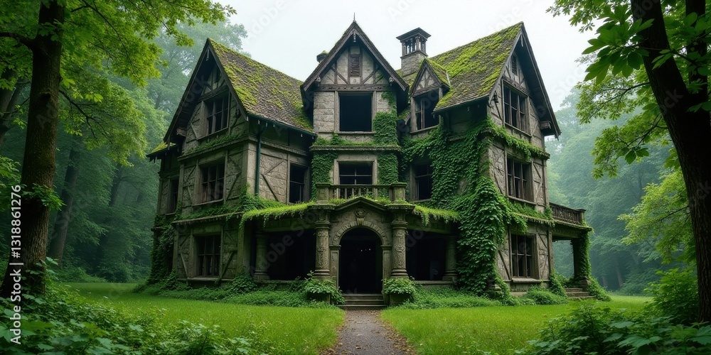 Fototapeta premium Enigmatic Overgrown Mansion Nestled Deep Within a Verdant Forest, Path Leading to Mysterious Entrance