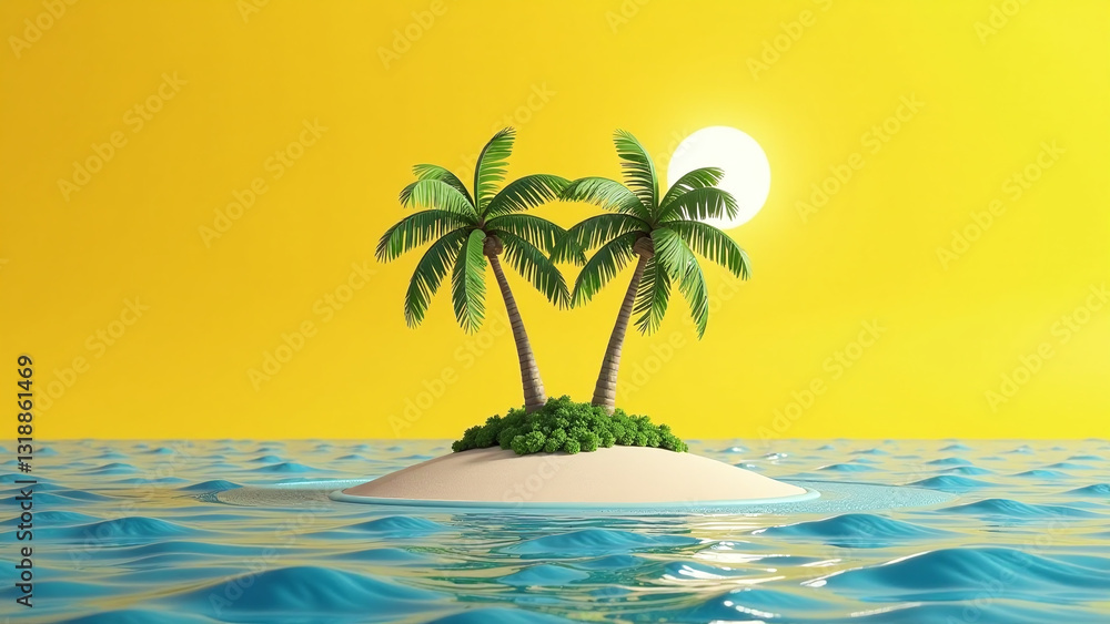 Obraz premium small tropical island two palm trees sunny yellow