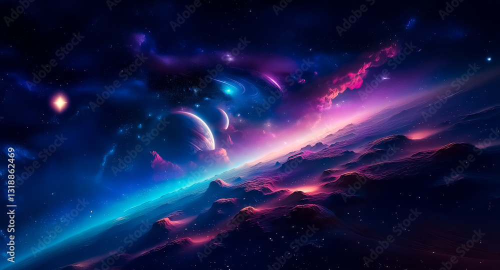 Vibrant cosmic scene displays planets, stars, and nebulae in blue, purple, and pink hues, creating a beautiful and dreamy space vista. Vibrant cosmic scene displays planets, stars, and nebulae in blue, purple, and pink hues, creating a beautiful and dreamy space vista.