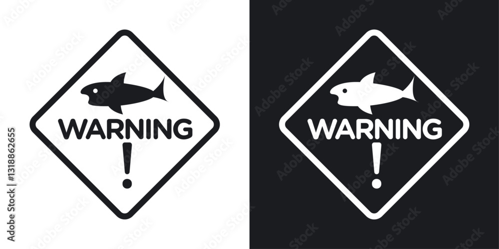 Shark warning sign set in black and white stroke lines Shark warning sign set in black and white stroke lines