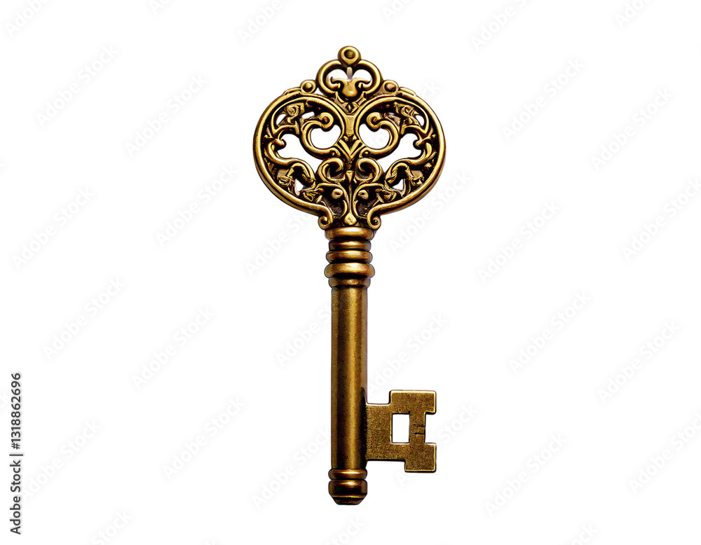 A richly detailed antique gold key, isolated on a white background.  Its ornate head and sturdy shaft symbolize secrets, opportunity, and access.