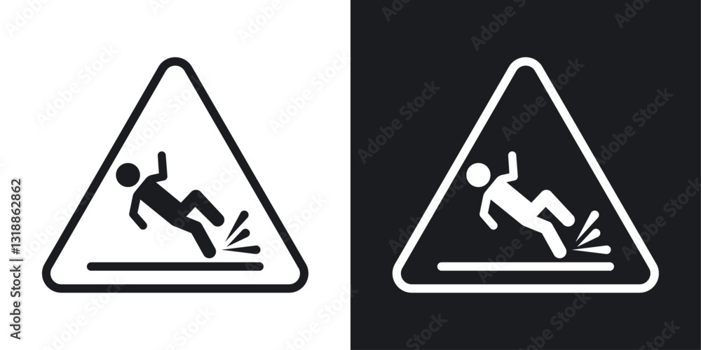 Slippery ice sign set in black and white stroke lines Slippery ice sign set in black and white stroke lines