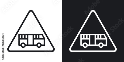 Tramway caution traffic sign set in black and white stroke lines