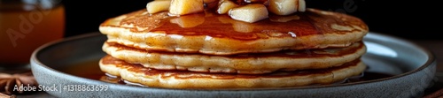 Stack of Pancakes with Maple Syrup and Chopped Apple Pieces. Generative AI photo