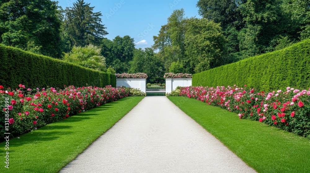 Obraz premium A beautiful garden pathway lined with vibrant rose bushes, leading to ornate gates, surrounded by lush greenery under a clear blue sky.