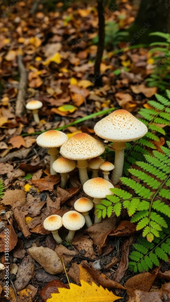 Edulis mushrooms growing among the undergrowth on a forest floor covered in autumn leaves and ferns, edulis, fungi Edulis mushrooms growing among the undergrowth on a forest floor covered in autumn leaves and ferns, edulis, fungi