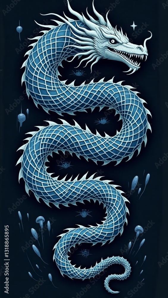 Fototapeta premium Generative AI Azure Dragon: Mystical Eastern Serpent Illustration Azure Dragon Eastern Dragon serpent illustration mythical creature blue white scales coiled spikes myth fantasy power wisdom