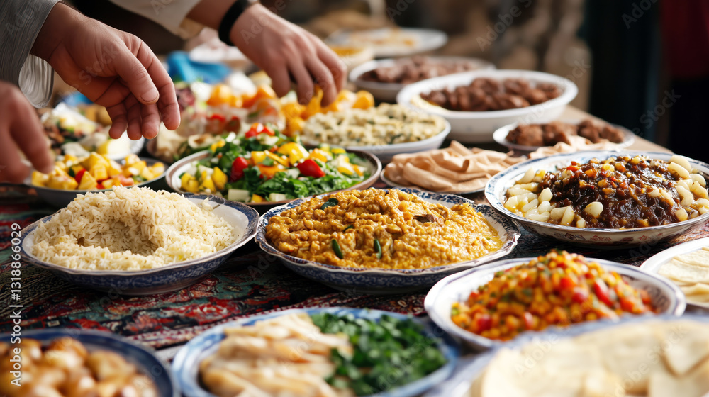 Fototapeta premium Hands arranging a variety of traditional dishes for Iftar, symbolizing generosity and hospitality during Ramadan.
