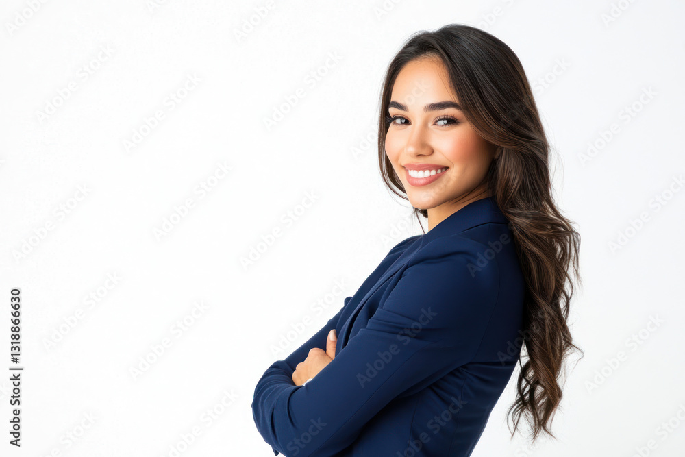 A confident young woman with long, wavy hair smiles while crossing her arms, standing against a clean, white background, suggesting professionalism and approachability A confident young woman with long, wavy hair smiles while crossing her arms, standing against a clean, white background, suggesting professionalism and approachability