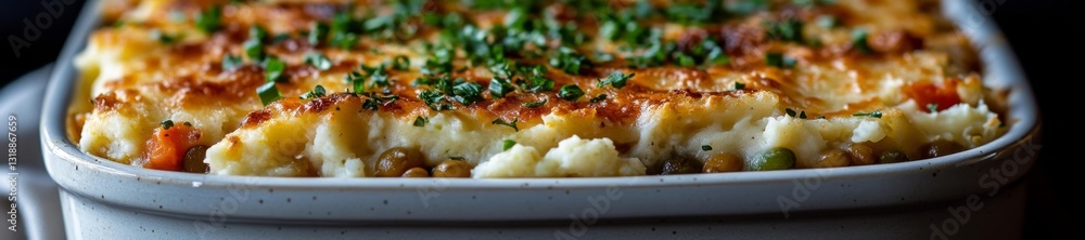 A vegan shepherd's pie made with lentils mashed cauliflower and mixed vegetables. Generative AI A vegan shepherd's pie made with lentils mashed cauliflower and mixed vegetables. Generative AI