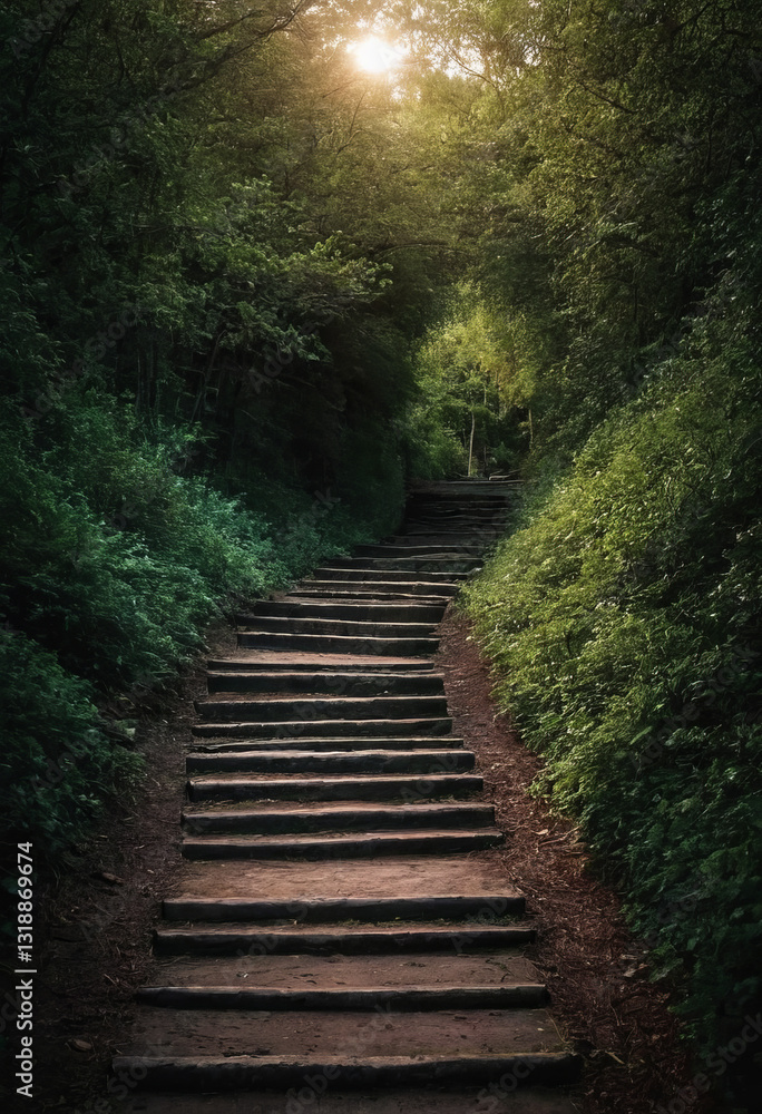 Obraz premium Generative AI Forest Steps: Pathway to Serenity stairs forest trees path stone green sunlight nature outdoors steps journey serenity escape growth tranquility - Elevate your brand.