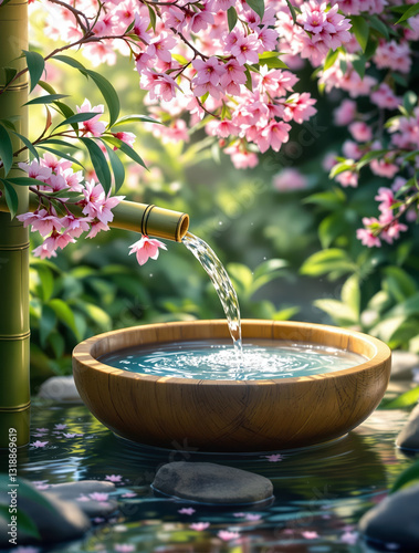 Traditional Wooden Bowl Under Bamboo Fountain with Delicate Cherry Blossoms photo