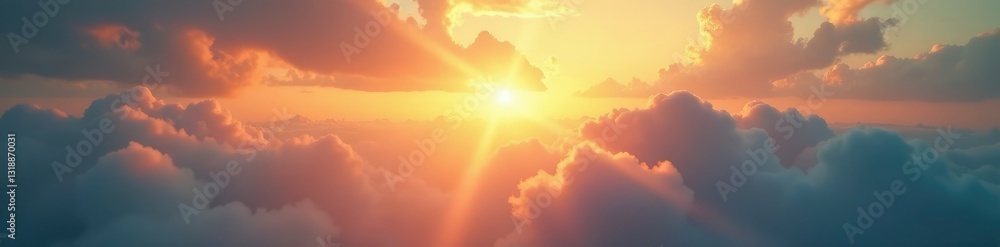Fototapeta premium A beam of sunlight breaks through a wispy cloud, misty, warm