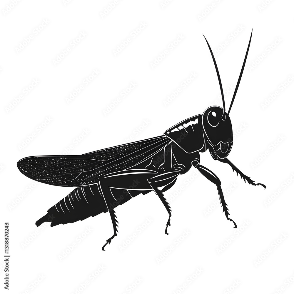 Grasshopper Silhouette: A detailed silhouette of a grasshopper, capturing its intricate form, from the antennae to its powerful hind legs.