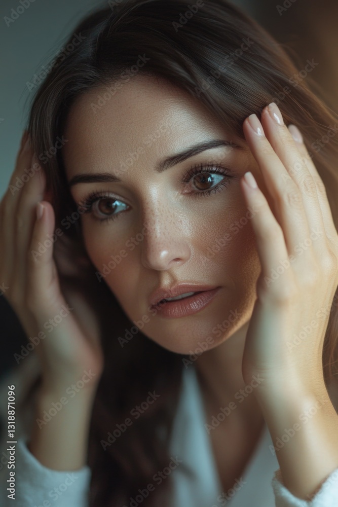 Portrait of young woman with hand on her face, looking down, possibly in thought or contemplation. Portrait of young woman with hand on her face, looking down, possibly in thought or contemplation.