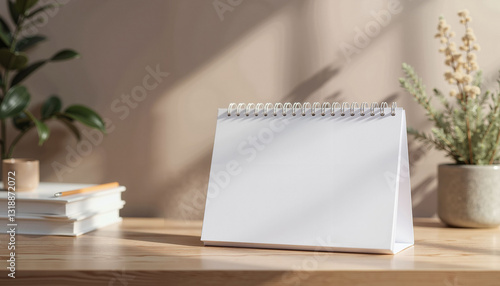 Minimalist desk calendar mockup on wooden desk, professional ambiance